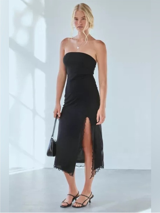 Urban Outfitters Black Strapless Midi Dress With Scalloped Slit Medium